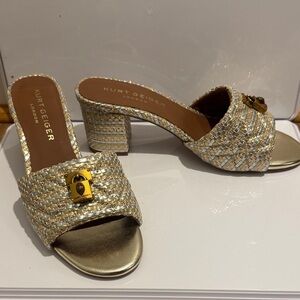 Kurt Geiger Gold and Cream Woven Mules